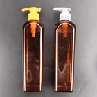 High Quality 470ml 15oz Square Amber PET Plastic Bottle with Pump for Shampoo Hair Oil Packaging