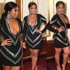 A90297 Women clothing 2019 sexy fashion lady black deep V rhinestone bodycon slim long sleeve night club mini dress