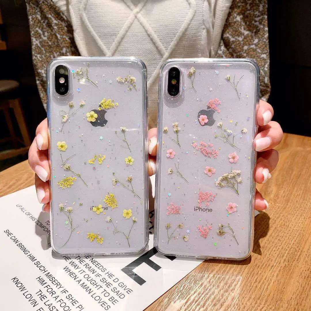 Shockproof Mobile Accessories  Epoxy 3D Dry Dried Real Flower Acrylic Back Phone cover Case