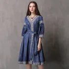 Brand Autumn 2019 New Style Embroidered Large Jean Skirt Ethnic Style V-Neck Mid-Sleeve Long Dress Ladies Dress Women
