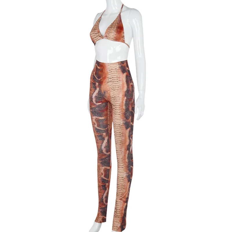 Casual Fashion Snake Printing Trousers Women Two Piece Set Pants Bikini Top 2020