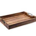 Custom Bamboo Wood 20-Inch Serving Tray With Modern Black Metal Handles