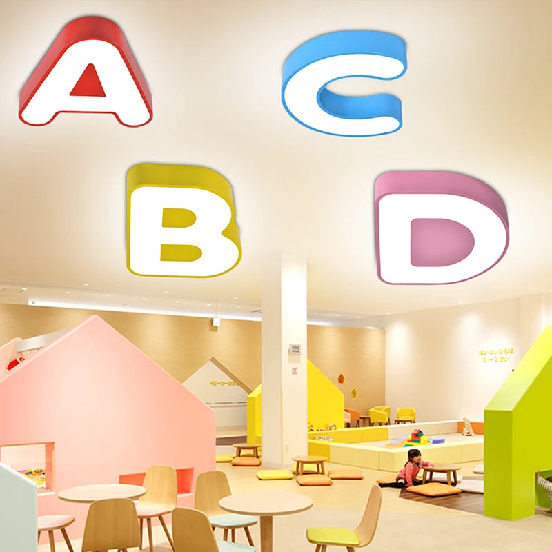 Kids Boy Girl Bedroom Study Room Letter A B C D Cartoon Warm Led Remote Ceiling Chandelier Lights
