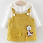 cartoon animal printed pocket suspender skirt solid white Tshirt mesh collar long sleeve princess girl dress
