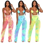 2 piece outfit Women sexy swimsuit bikini top and Perspective Sheer Mesh Ruffle long Pants