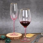 Cheap wholesale wine glasses pink colored glass goblet gold rim champagne flutes