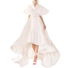 European American style solid color women's Fashion ruffled asymmetric hem V-neck dress