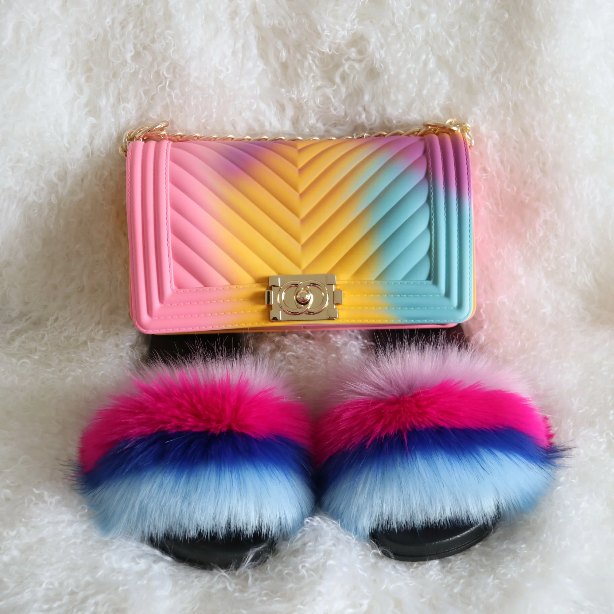 fur slides and purse set