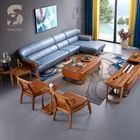 Living Room Sectional Wooden Handrest Corner Sofa Set Designs Genuine Leather Blue Corner Sofa