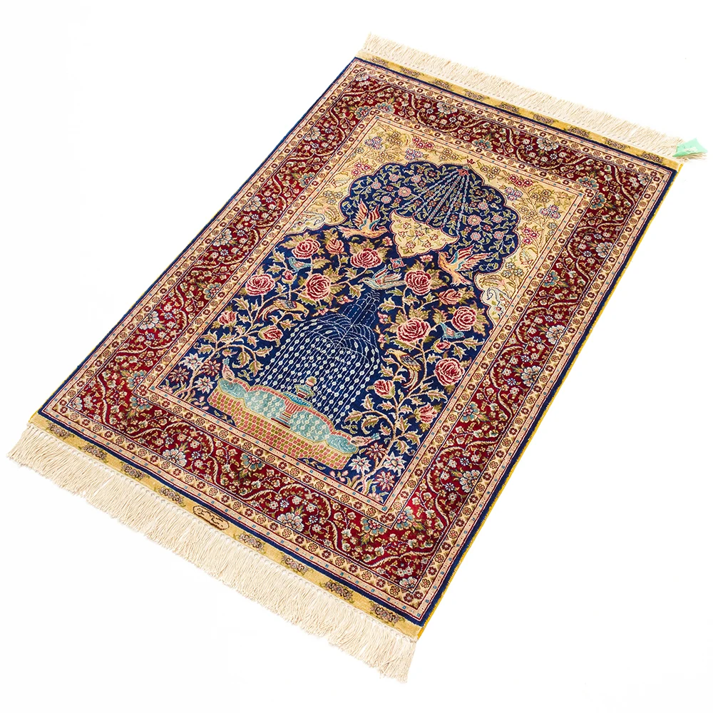 mosque carpet flower blue hand knotted silk carpet for muslim