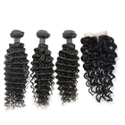 Brazilian Virgin Human Hair Bundle With Deep Wave Lace Closure , Middle Part, Cheap Human Hair Closure