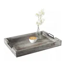 Country Rustic Torched Brown Wooden Antique Rectangular Nesting Wood Serving Ottoman Trays With Metal Handles