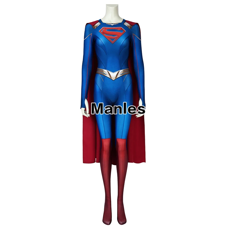 Supergirl Sezon 5 Kara Zor-el Zentai Tulum Bodysuit 3D Süper Kahraman Kıyafeti Kırmızı Pelerin Cadılar Bayramı Yetişkin Kadın