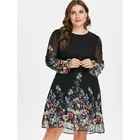 Plus Size Floral Print Tunic Women Dress Long Sleeve Autumn Elegant Tribal Flower Print Vocation Shirt Dress Chiffon 5XL