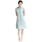 Chinese Style Improved Cheongsam Light Green Embroidery Elegant Linen Women's Clothing Dresses