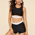 2019 Sports Two Pieces Swimsuit Round Neck Sleeveless Contrast Trim Cutout Crop Top Boyshorts Vintage Fitness wear