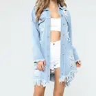 Womens Button Frayed Backless Hole Hollow Patch Ripped Distressed Denim Long Jacket Coat