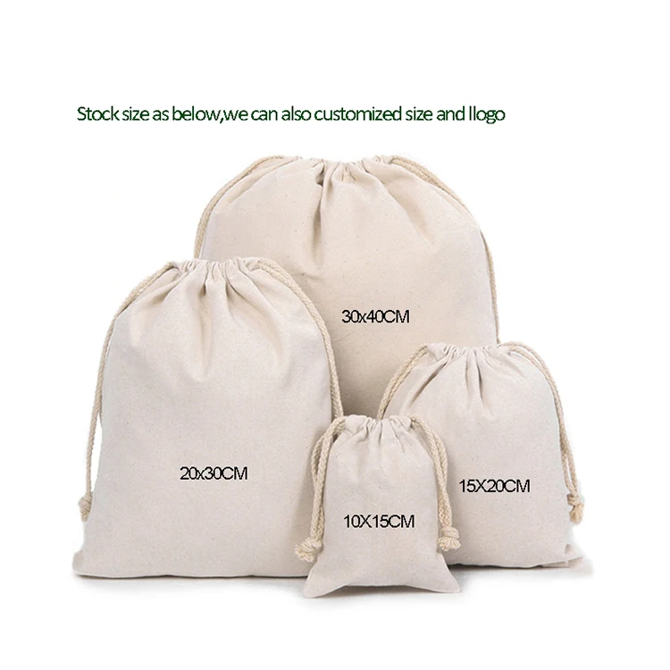 Custom Logo Promotional Gift eco friendly large Canvas Cotton Drawstring Bag with Double String
