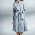 Autumn Temperament Fashion Gray Blue Square Collar Shirt Casual Women Dresses Ladies Clothing