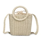 Fashionable women summer tote beach bag handbag straw string bag with round handle and long strap