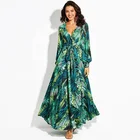 Green leaf V-neck large swing dress women clothing casual long sleeve Chiffon Party Dress with belt