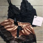 HSZ S64 Silk Pajamas Two Pieces Sets with Lace Women Sexy Nightdress Girls Sleepwear Vest Shorts Lingerie