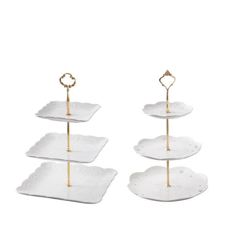 Wedding party floral embossed pattern dessert cake serving ceramic 3 tier plate stand with gold handle 