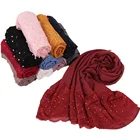 New Trend Wholesale Lace Cotton Scarf with Pearls and Rhinestones Soft Muslim Arab Women Plain Head Wrap Hijab