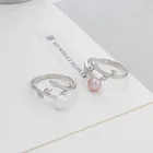 New 925 sterling silver opening natural pearl leaf fashion simple rings