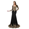 Womens Long Sleeve Evening Dresses Sexy Mermaid Formal Gowns 2019 Gold Appliques Trumpet Prom Train