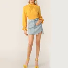 Frill Neck And Cuff Keyhole Back Women Casual Shirts Ladies' Blouses & Tops