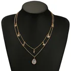 Gem Simple Fashionable 5 Pointed Star Moon Diamond Double Layer Necklace Oval Imitation Gem Chain