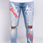 Jeans Edge Denim China Factory Summer Autumn Men Stretchy Destroyed Red Paint Denim Jeans Pants Fashion Skinny Fit