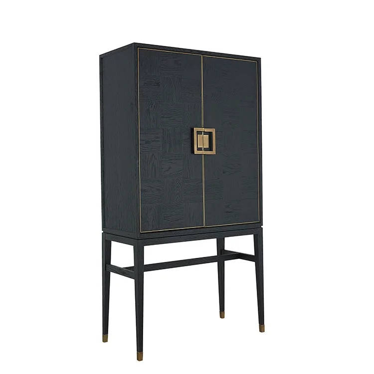 Gold handle parquet door vintage black tall solid oak wood cabinet