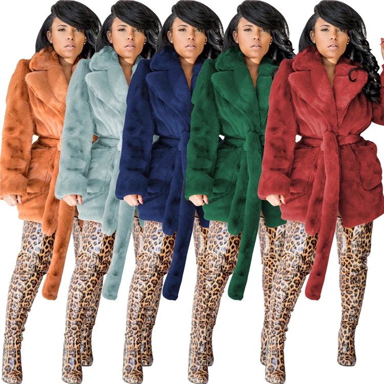 E91343 kadınlar kış giyim katı renk tavşan kürk ceket turn down yaka uzun kollu deri giyim toptan sıcak satış