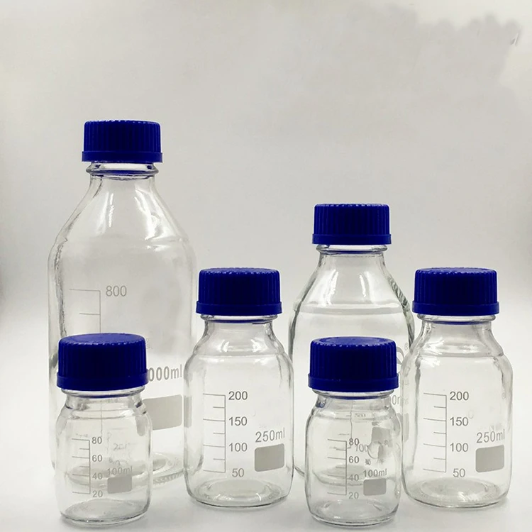 250ml Flask Clear Autoclavable Reagent Apothecary Glass Bottle With Scale And Bule Lid Buy