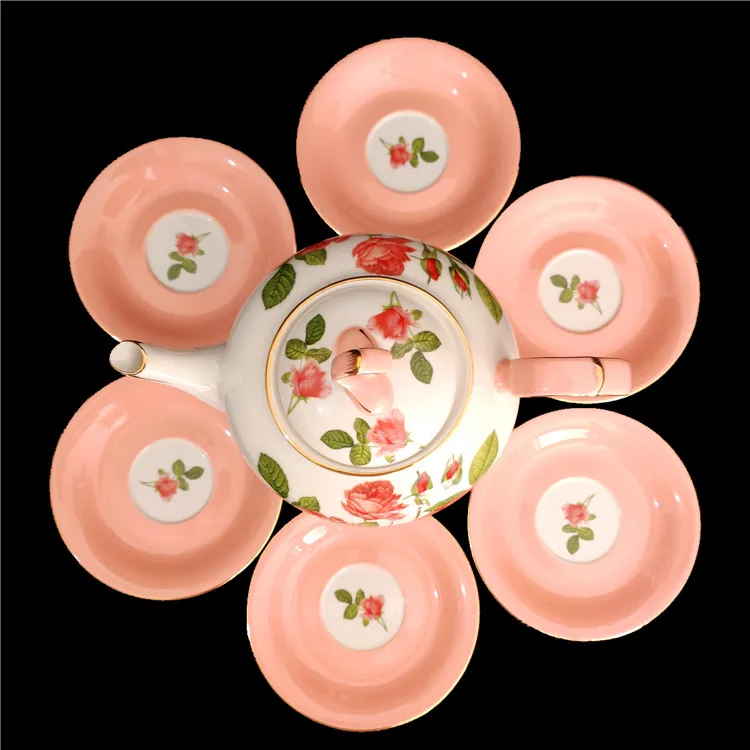 Elegant coffee ware 17 pieces new bone China coffee 6 cups 6 saucers tea pot pink ceramic tea set