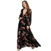 Hip feminine deep v-neckline sheer long sleeve black floral print chiffon maxi dress