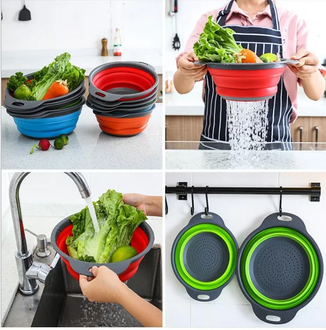 Round Collapsible Colander Foldable Kitchen Strainer Set For Draining