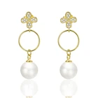 New style sterling silver gold flower long style 925 pearl earrings