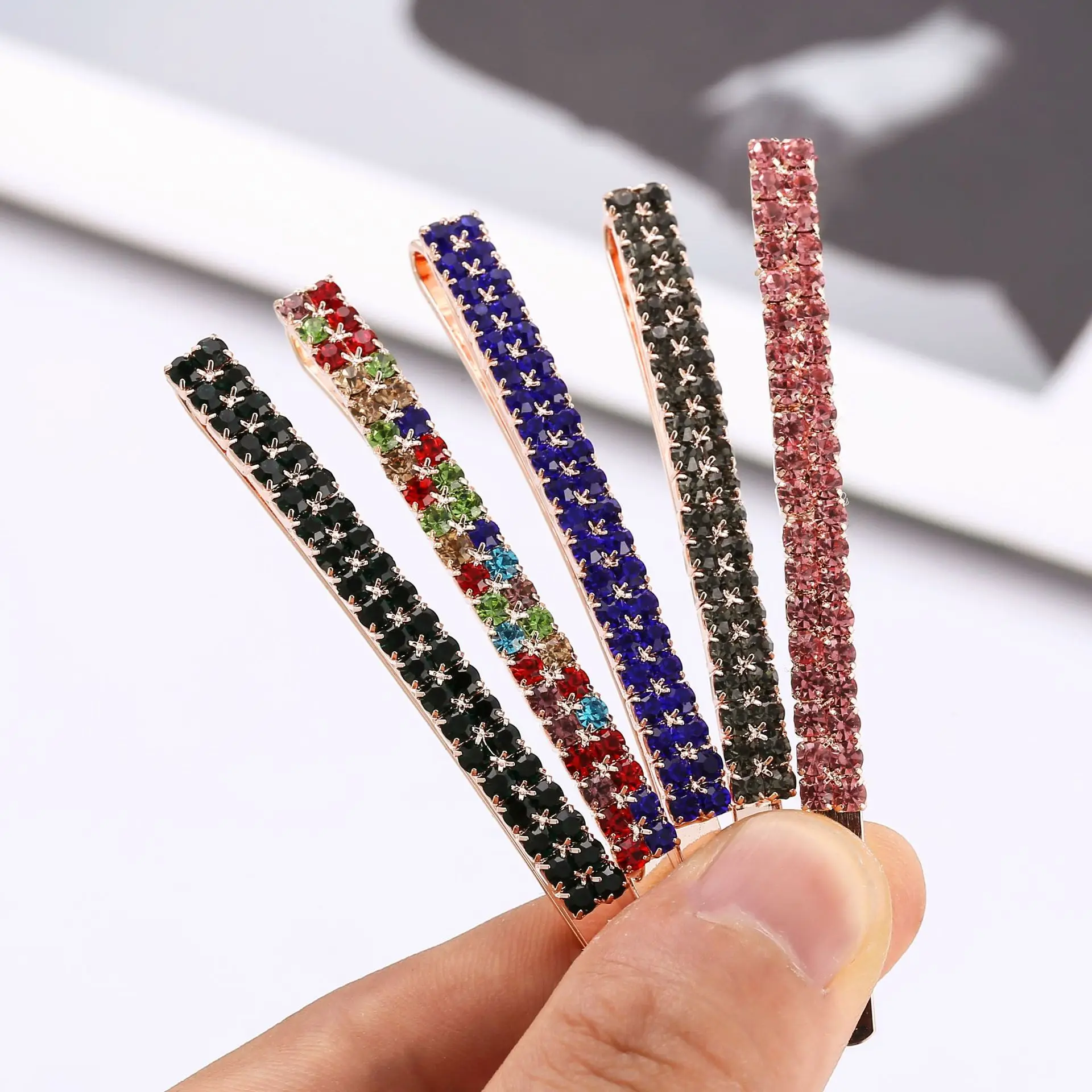 6.5cm two rows rainbow colors rhinestone bobby pin silver hair pin clips multi colors crystal hair clip accessories