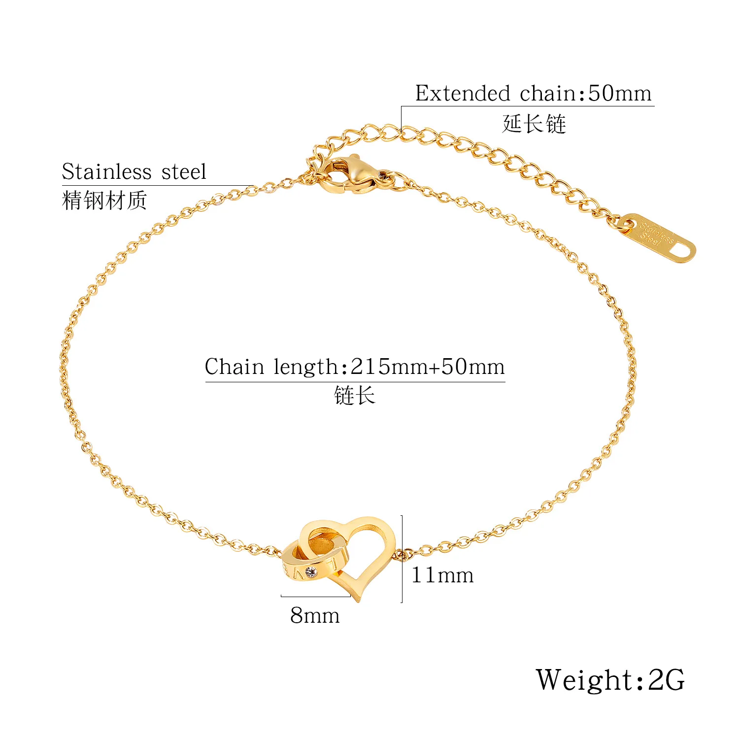 gold plated body jewelry stainless steel heart charm LOVE letters ring circle diamond anklet anklets stainless steel women