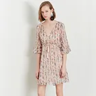 Women clothes 2019 Spring natural waist v-neck flare half sleeve floral loose mini 2 pieces dress for ladies