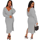 10AF108 sexy cross v neck solid slit Latest Casual Designs Ladies Fashion gray Dress