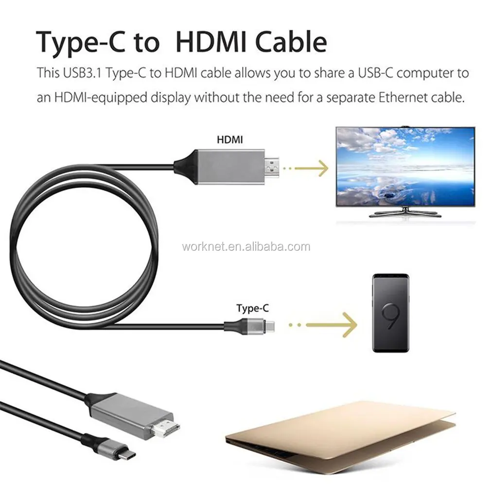 2m type C to HDMI Cable Adaptor for MacBook Samsung Galaxy S9/S8/Note 9 Huawei P20 Pro USB-C HDMI Adapter - ANKUX.COM