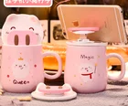 Pink Girl Heart Cartoon Ceramic Couple Water Coffee pig nose mug with phone holder and Spoon