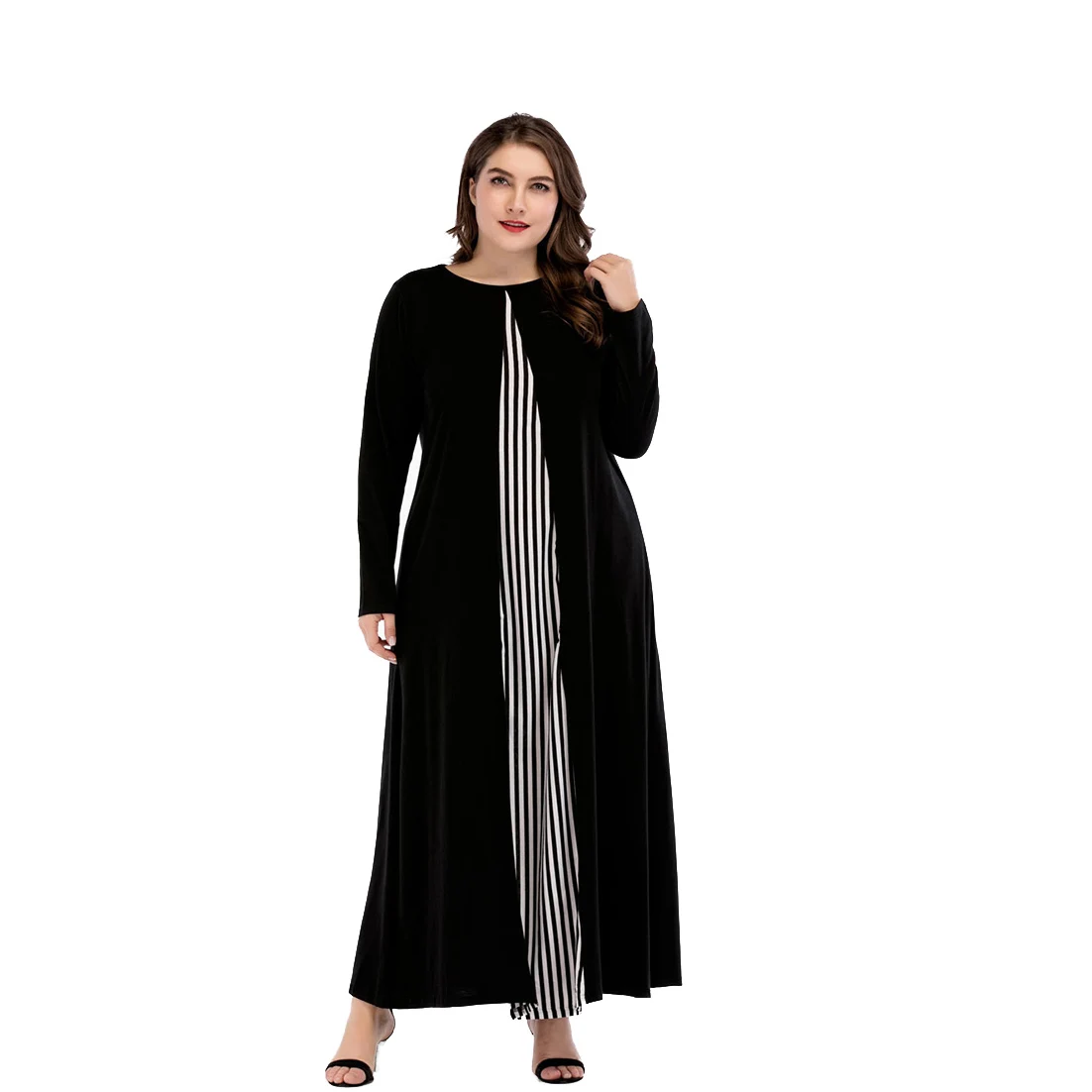 Nouveau modèle De Mode manches longues rayure simple couture musulman noir grande taille abaya avec tissu noir 100% polyester