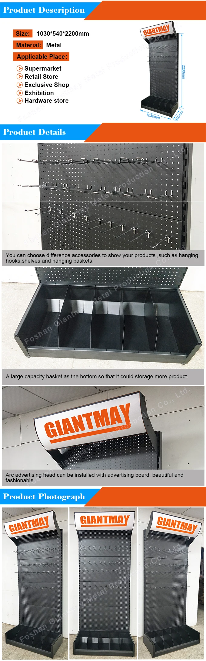 High Quality Metal Hardware Pegboard Display Rack Customized Tool Accessories Hanging Storage Stand for Car Part Security Power