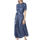 Customize Ladies Satin Night Dress Elegant Casual Short Sleeve Blue 100% Silk Satin Dresses For Women