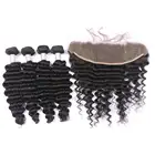Factory price deep wave virgin human brazilian hair weave 3 bundles with lace frontal